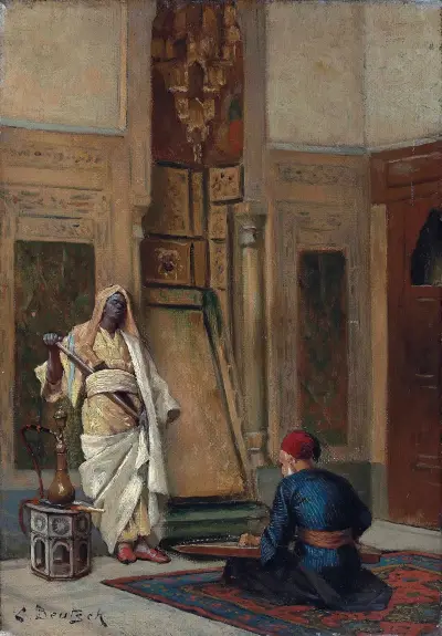 A musician and a guardsman in an oriental interior av Ludwig Deutsch
