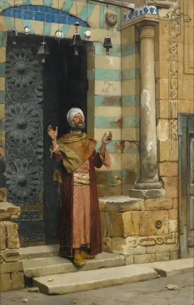 At the door of the mosque av Ludwig Deutsch