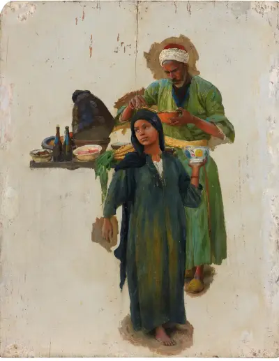 Study Of A Man And A Girl Holding A Bowl av Ludwig Deutsch