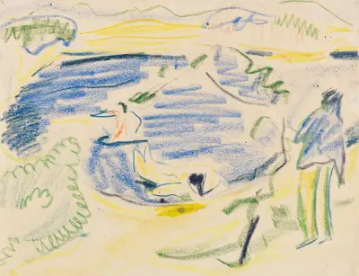 Badende (Badende im Teich), 1909 av Ernst Ludwig Kirchner