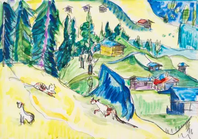 Bergalp mit Hütten und Katzen av Ernst Ludwig Kirchner