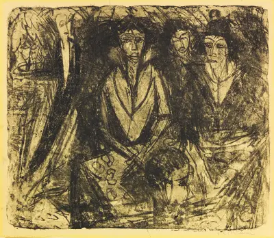 Drei Frauen im Cafégarten – Gartenrestaurant Schlachtensee av Ernst Ludwig Kirchner