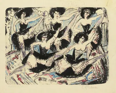 Fünf Tänzerinnen in Parade. – Fünf Spagattänzerinnen av Ernst Ludwig Kirchner