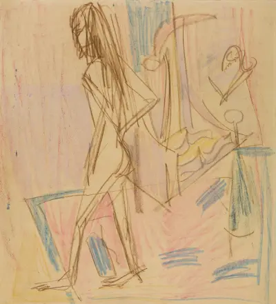 Stehender weiblicher Akt auf Teppich av Ernst Ludwig Kirchner