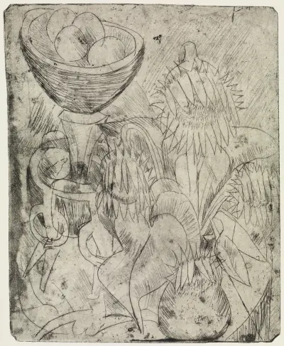 Stillleben mit Sonnenblumen und Obstschale av Ernst Ludwig Kirchner