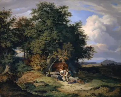 Herbstlicher Wald mit Schäferfamilie av Adrian Ludwig Richter