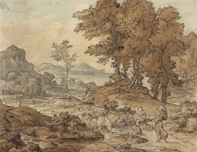Italienische Landschaft mit Schafherden av Adrian Ludwig Richter