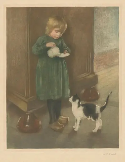 Girl feeding a cat av Hendrik Maarten Krabbé