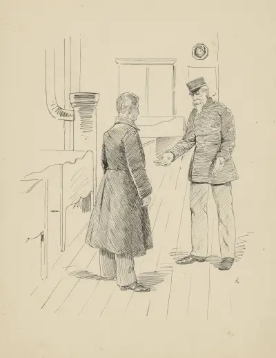 Man in overjas en een militair in een interieur av Hendrik Maarten Krabbé