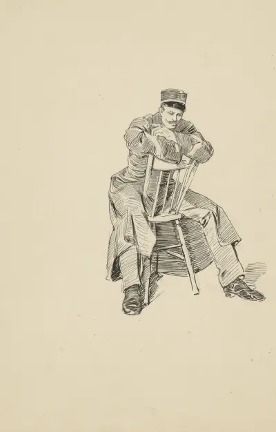 Militair zittend op een stoel., 1898 – nr 2 av Hendrik Maarten Krabbé