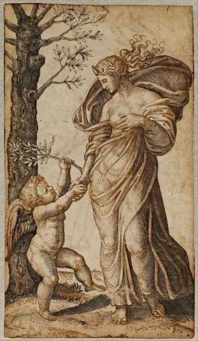 Reconciliation of Minerva and Cupid av Marcantonio Raimondi