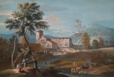 A man and a woman by a stream with a farmhouse in the background av Marco Ricci