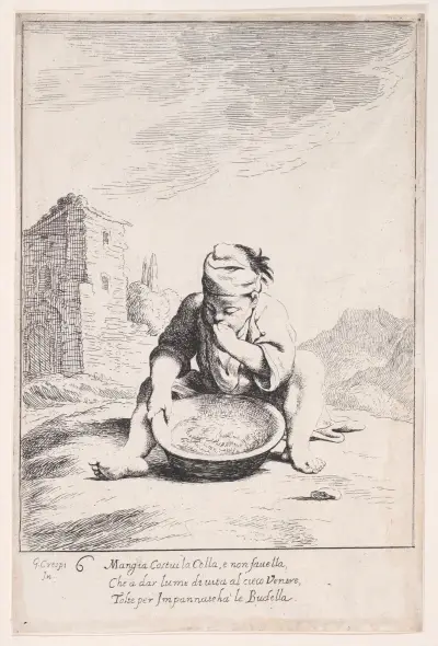 Plate 20; Cacasenno eating a bowl of pasta av Giuseppe Maria Crespi