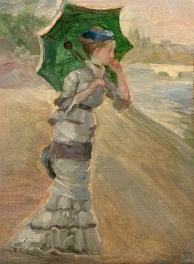 Studie einer eleganten Frau mit Sonnenschirm für „En bateau (Sisley et sa femme)“ von Marie Bracquemond