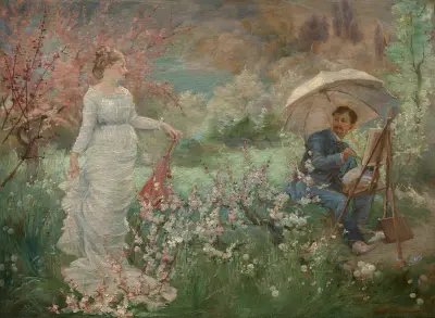 Der Maler und sein Modell in einem Garten von Marie Bracquemond