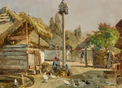 A farmyard with geese and chickens, Marie Egner