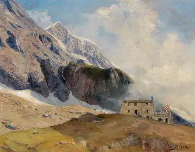 View to the Mainzer Hütte, Hohen Tauern with Großen Wiesbachhorn in the background, Marie Egner