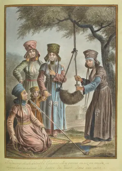 Beduinenfrauen – sie leben in Palästina – sie tragen einen silbernen Nasenring. Ihre Art, Butter in einem Schlauch zu stampfen von François-Marie Rosset