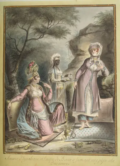 Frau aus Isfahan und die andere aus Basra, eine persische Pfeife rauchend von François-Marie Rosset