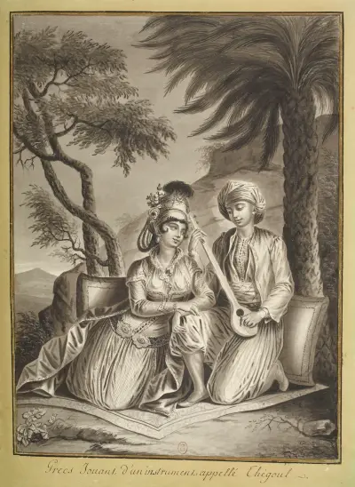 Griechen, die ein Instrument namens Thégoul spielen von François-Marie Rosset