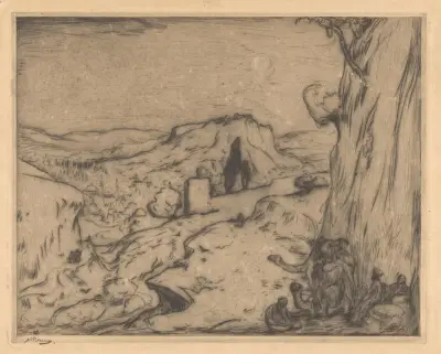 Gezicht op een oosterse stad in een dal av Marius Bauer