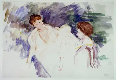 Etude pour ‘Le Bain’ ; Deux femmes et un enfant dans une barque av Mary Cassatt