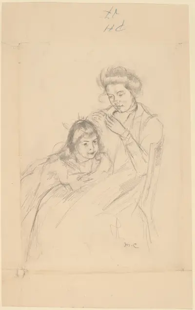 Margot Leaning against Reine’s Knee av Mary Cassatt