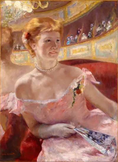 Woman with a Pearl Necklace in a Loge av Mary Cassatt
