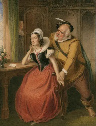 Falstaff wooing Mistress Ford, Merry wives of Windsor, act III, sc. 3 av John Massey Wright