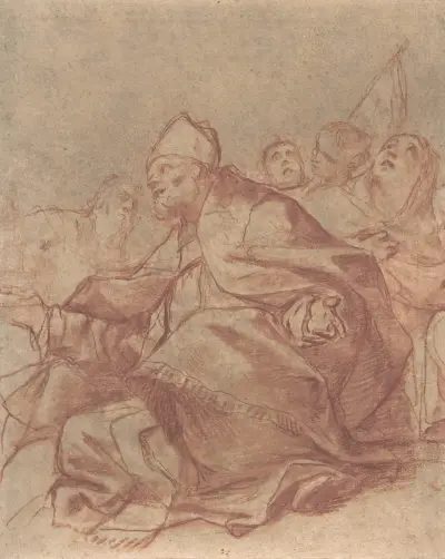 Seated Bishop with Arms Extended and Three Attendant Figures, Mattia Preti