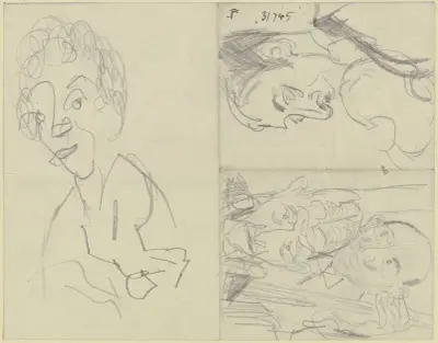 Głowa kobiety, skrzypek, dwóch basistów (trzy różne szkice na jednym arkuszu papieru podzielonym przez złożenie na cztery pola), Max Beckmann