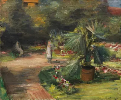 Garten mit Palme und zwei weiblichen Figuren av Max Liebermann