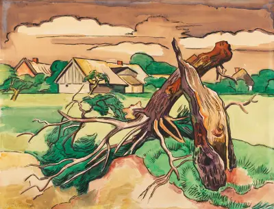 Złamane drzewo na tle pomorskiego krajobrazu wiejskiego, Hermann Max Pechstein
