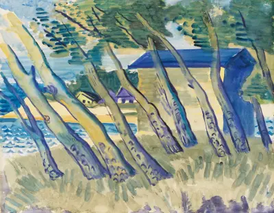 Brzeg jeziora z drzewami i domami, Hermann Max Pechstein