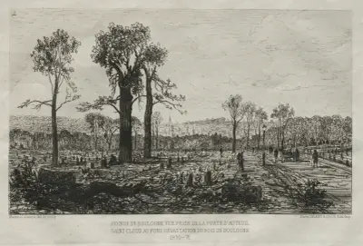 Avenue de Boulogne, Vue Prise de la porte d’Auteuil, St. Cloud au fond, Dévastation du Bois de Boulogne av Maxime Lalanne