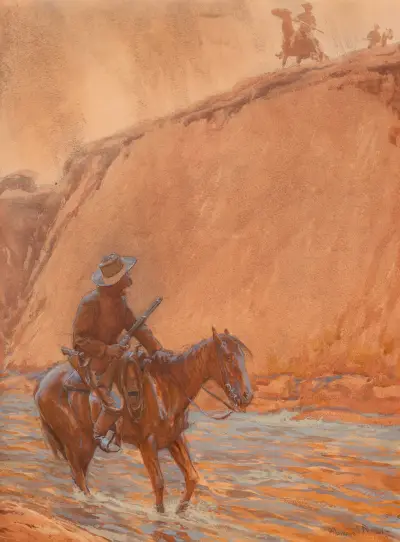 The fugitive’s horse plunged into the deep water av Maynard Dixon