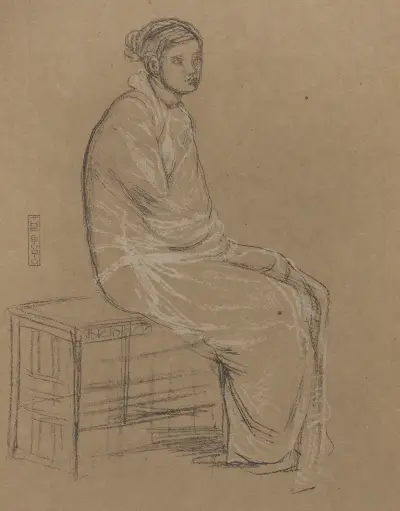 Woman seated on bench, wrapped in white robe av James Abbott McNeill Whistler