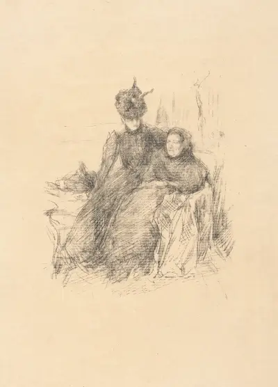 Young lady in a hat, sitting with her arm around an older lady av James Abbott McNeill Whistler