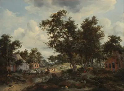 A Wooded Landscape with Travelers on a Path through a Hamlet, Meindert Hobbema