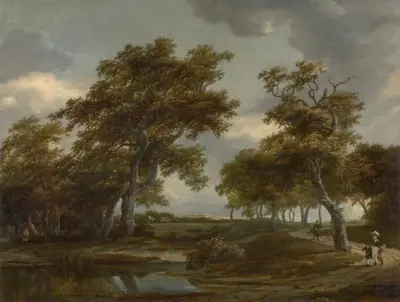 Bewaldete Flusslandschaft mit Figuren auf einem Weg, Meindert Hobbema