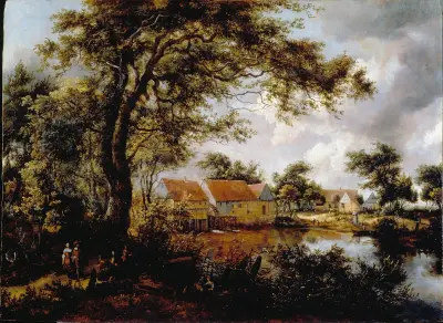 Wooded landscape with a Water-mill, Meindert Hobbema