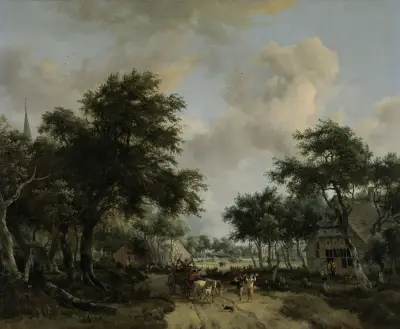 Wooded Landscape with Merrymakers in a Cart, Meindert Hobbema