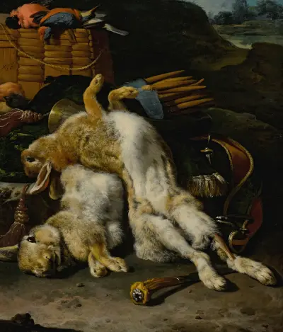 Ein Paar Kaninchen und kleine Vögel mit Jagdgeräten in einer Landschaft von Melchior d'Hondecoeter