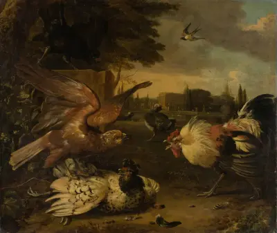Ein Hahn verteidigt eine Henne gegen einen angreifenden Raubvogel von Melchior d'Hondecoeter