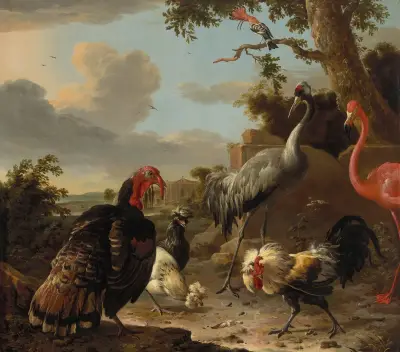 Ein Saruskranich, ein Flamingo, ein wilder Bronzeputer, zwei Paduaner Hühner, ein Silberbirchen-Kampfhahn und ein Wiedehopf in einer Landschaft von Melchior d'Hondecoeter