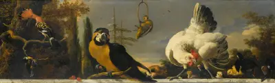 Vögel auf einer Balustrade von Melchior d'Hondecoeter