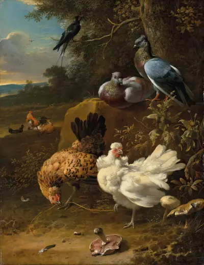 Hühner und Tauben in einer Landschaft von Melchior d'Hondecoeter