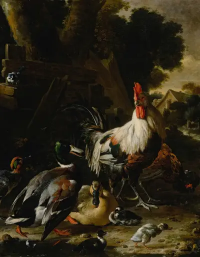 Enten, Hühner und anderes Geflügel auf einem Hof von Melchior d'Hondecoeter