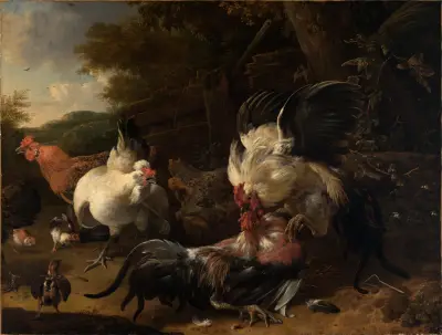 Kämpfende Hähne von Melchior d'Hondecoeter