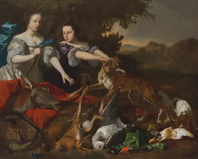 Porträt einer Dame als Göttin Diana mit ihrer Begleiterin und der Jagdbeute von Melchior d'Hondecoeter